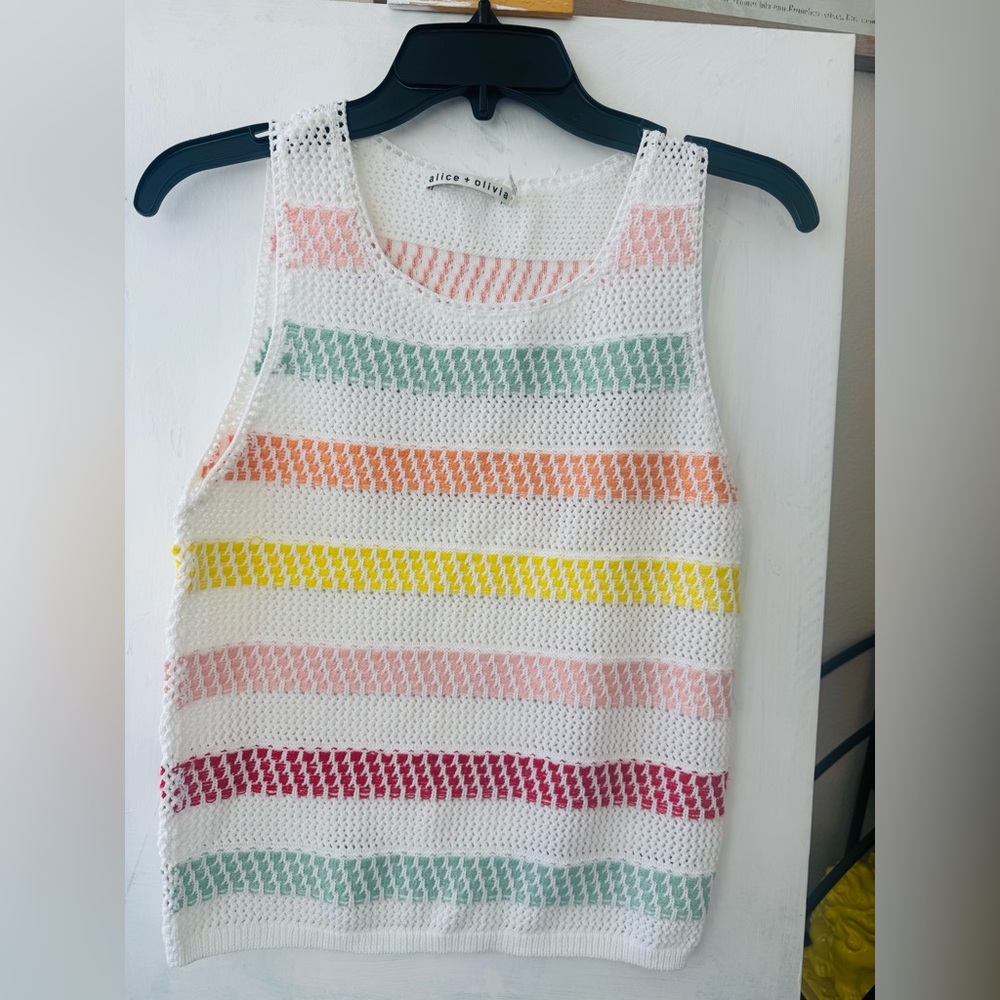 NWT Alice + Olivia Womens Striped Crochet Knit Scoop Neck Tank Top SMALL